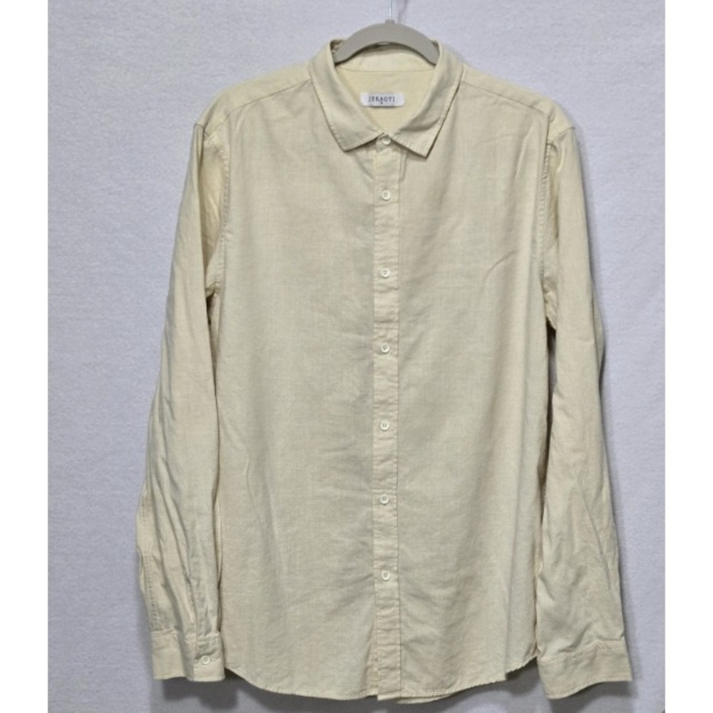 JEKAOYI Mens Long Sleeve Cotton Linen Blend Button Down Shirt Beige Cream Large